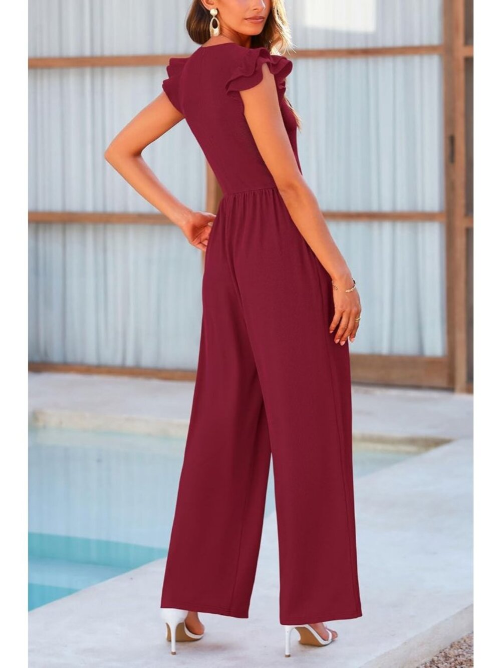 Women's Wine Red Fashion Ruffle Cap Sleeve Crew Neck Rib Knit One Piece Romper - Picture 2 of 6